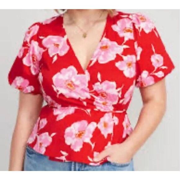 Old Navy NWT red pink floral puff sleeve wrap blouse M - Picture 1 of 10